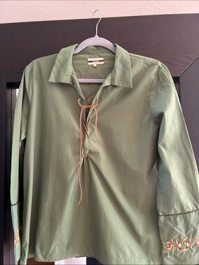 CLOSED Vintage Light Green Tie-Front Blouse with Embroidered Cuffs, SZ:S